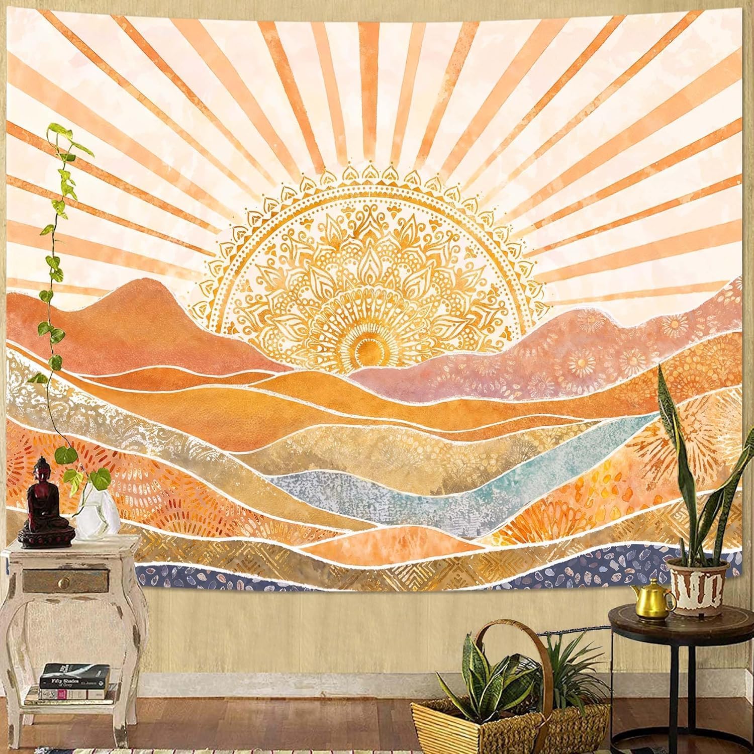 Aesthetic Tapestry - Aesthetic Boho Sun Mountain Tapestry, Watercolor
